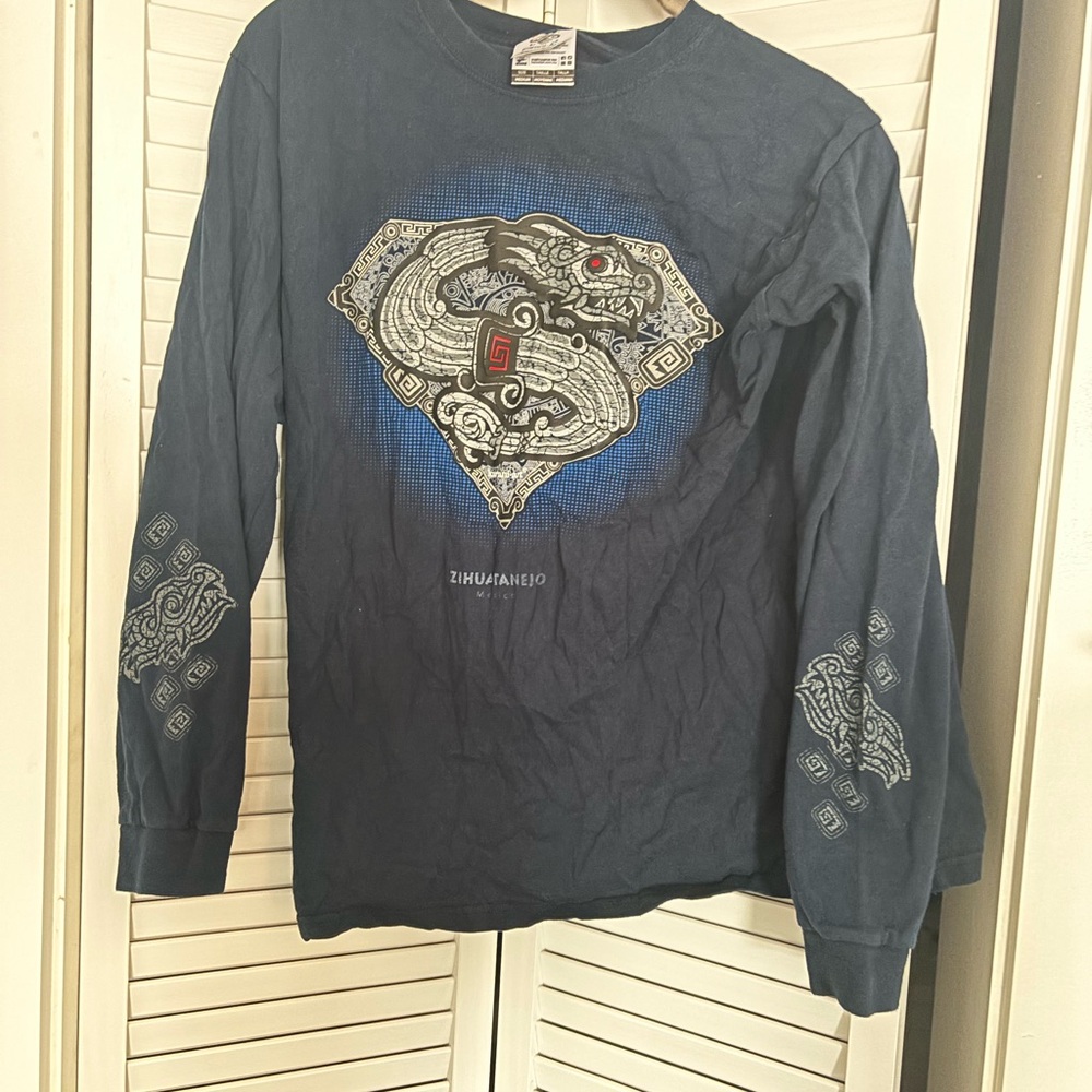 Zihuantenejo Mexico Blue Long Sleeve Shirt with Dragon Design